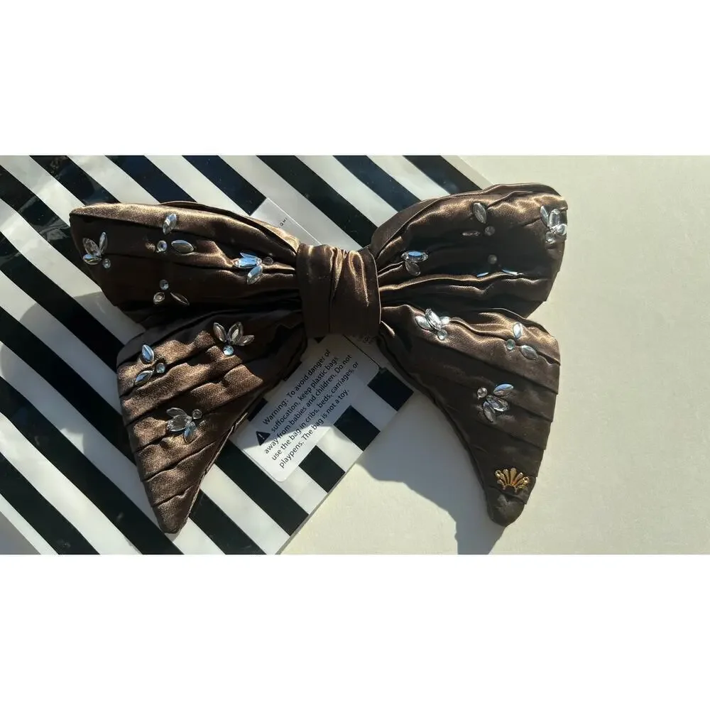 Lele Sadoughi Silk Brown Crystal Bow Barrette Gold Logo NWT